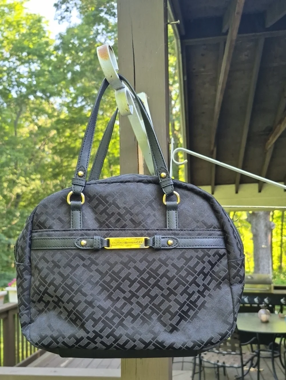Tommy Hilfiger Black monogram jacquard signature pattern Dome Satchel bag